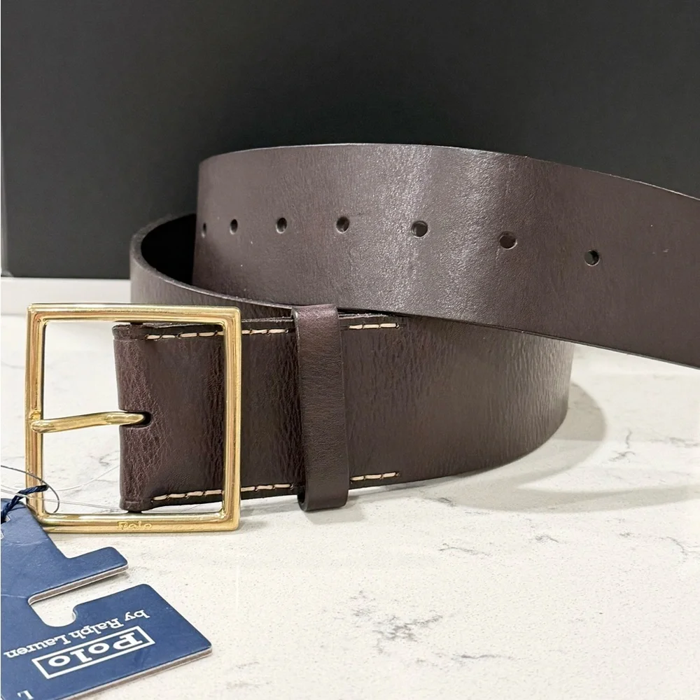 POLO Ralph Lauren Brown Vachetta Leather Square-Buckle Wide Belt, Size Large